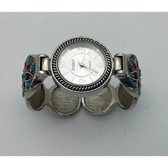 Studio Quartz Cuff Watch Aqua & Red Stone Accents Stainless Steel Back Japan VTG - Picture 2 of 5